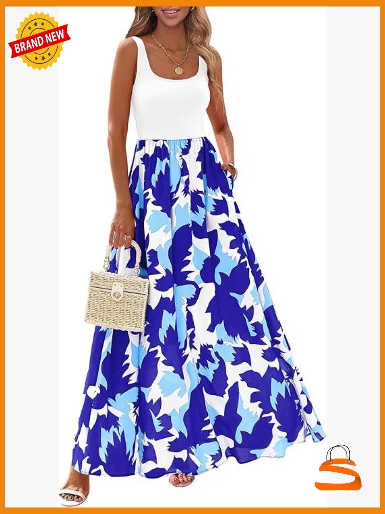 Boho Floral Maxi Dress Sleeveless Scoop Neck Tank A-Line Flowy Beach Vacation